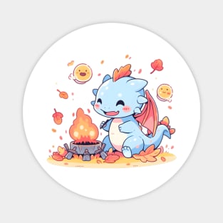 Happy Blue Dragon with an Autumn Campfire Magnet